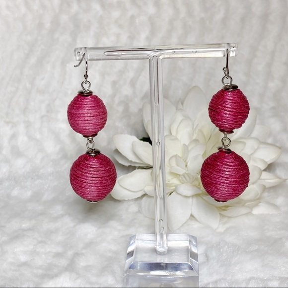 Pink Bonbon Thread Wrapped Ball Dangle Earrings - Picture 2 of 3
